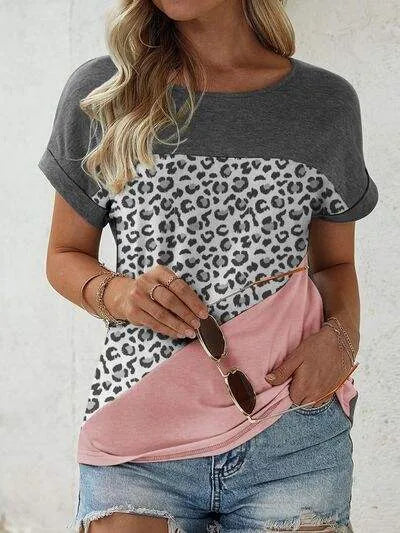 Leopard Round Neck Short Sleeve T-Shirt Charcoal Women's T-Shirts - Tophatter Daily Deals